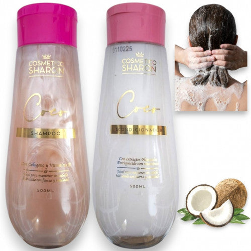 DUO ANTICAIDA DE SHAMPOO Y ACONDICIONADOR DE COCO CON COLAGENO Y VITAMINA E SHARON 500ML