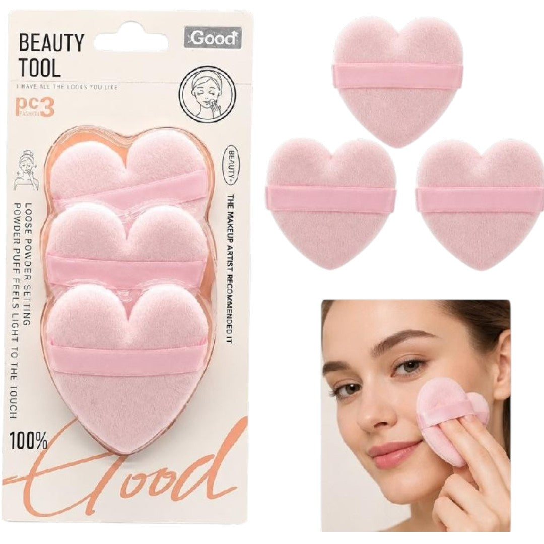 SET X3 DE BORLAS DE MAQUILLAJE DE CORAZONCITO BEUATY TOOL GM85467