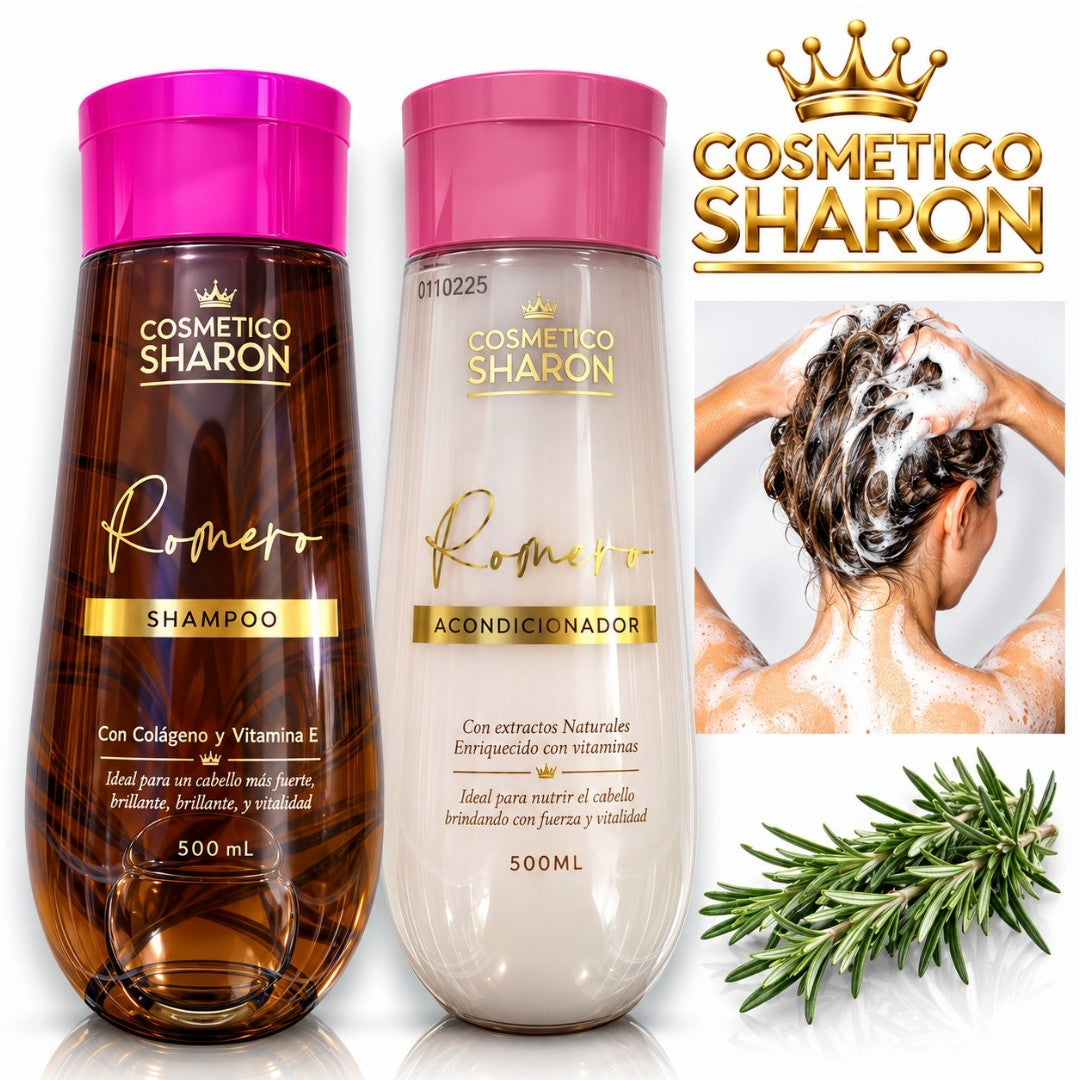 DUO ANTICAIDA DE SHAMPOO Y ACONDICIONADOR DE ROMERO CON COLAGENO Y VITAMINA E SHARON 500ML